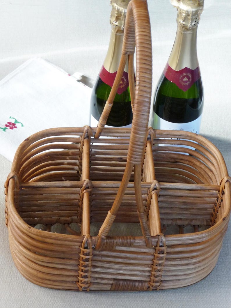 Vintage Rattan Wine Bottle Carrier, French Country Decor, 6-Bottle Rack image 2