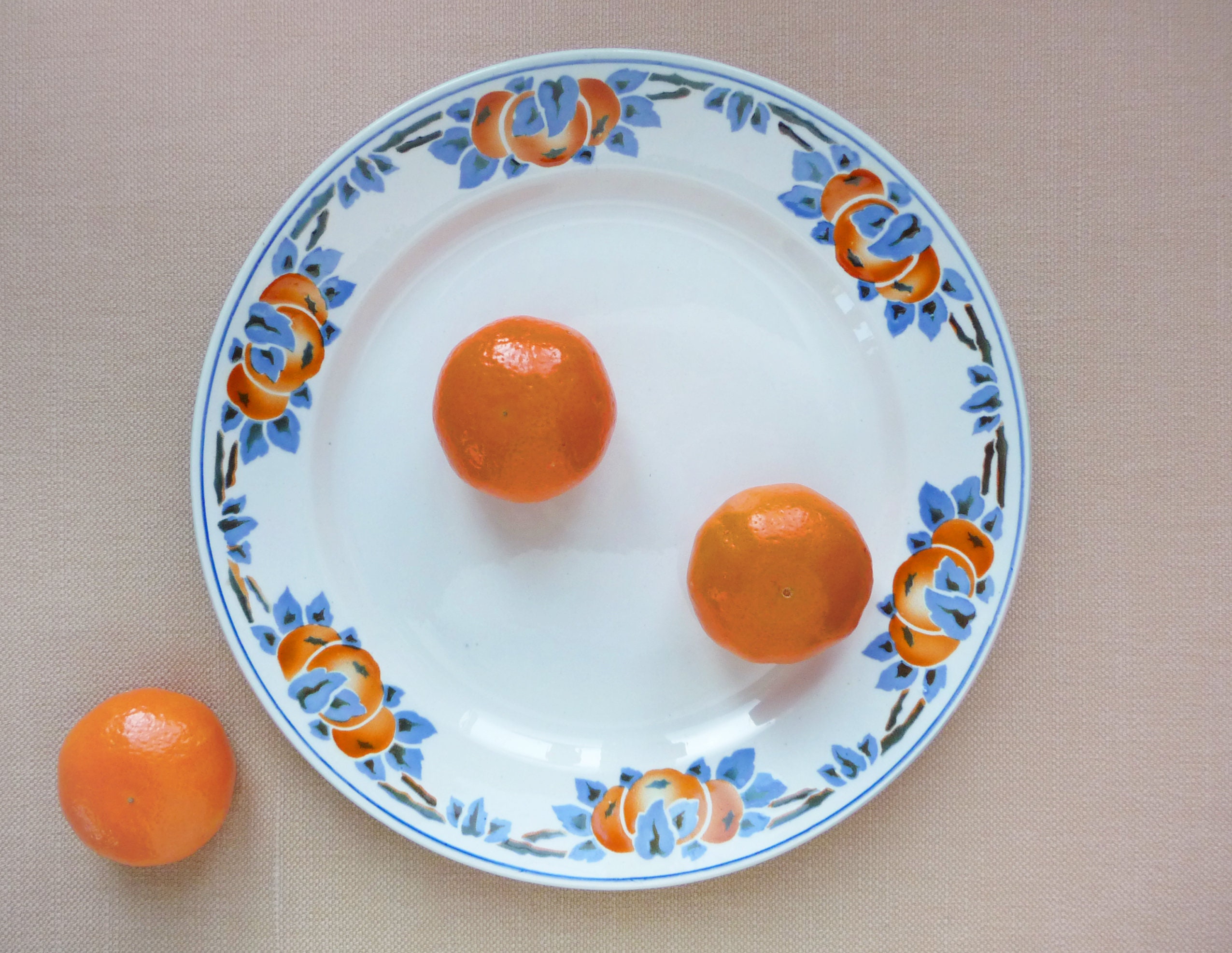 Beau Grand Plat de Tarte, Orange, Mandarine, Plaque à Gâteau, Feuilles Bleues, Années Trente, Charma