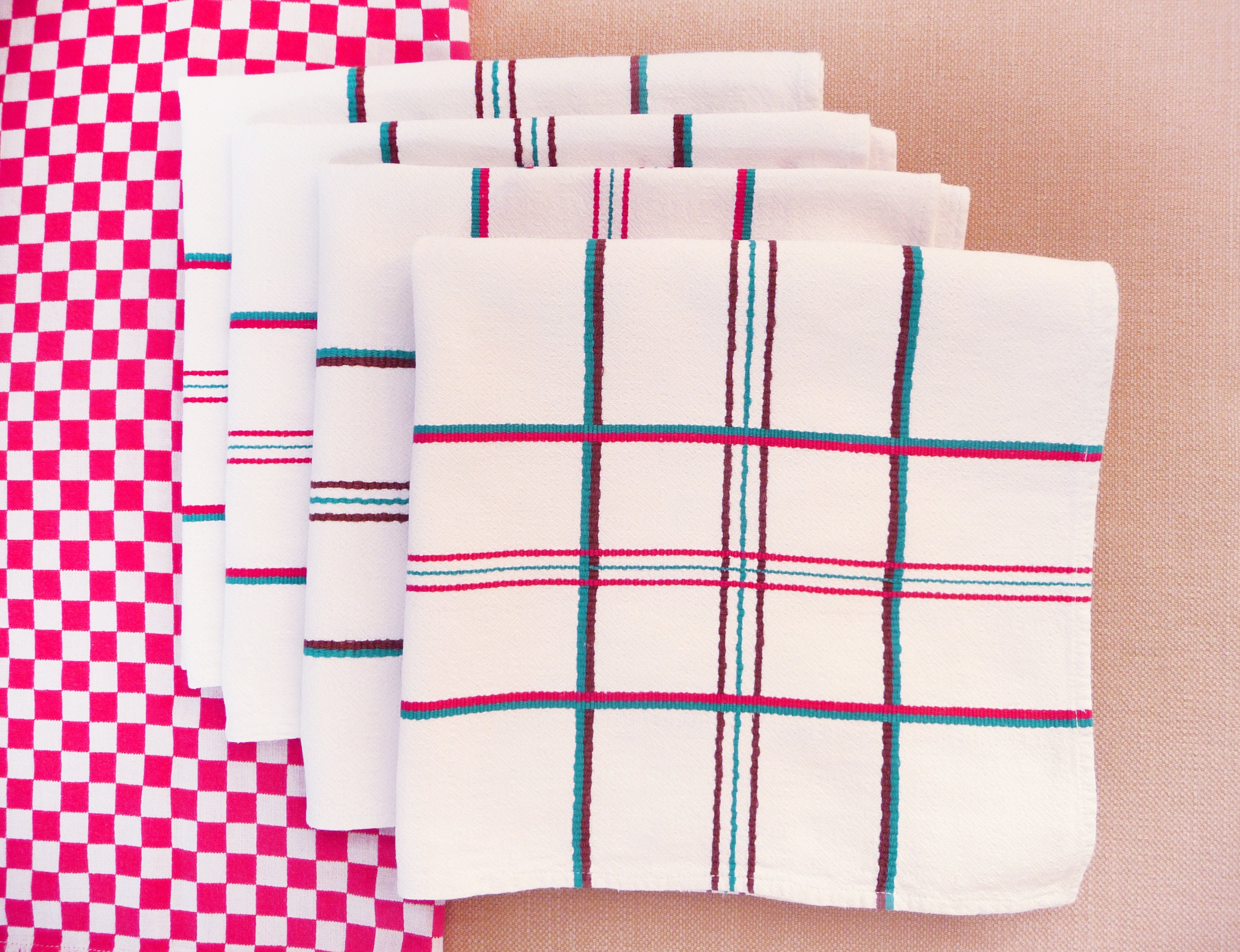 Ensemble de 4 Belles Serviettes Basques, 50 X 47 cm, Coton Rouge, Vert & Blanc Check, Double Weave, 