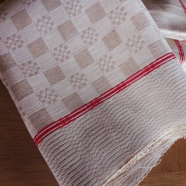 vintage Tissu de lin BASQUE de haute qualité, nappe Français, Serviettes, chemin de table beige, 600 x 61 cm, motif damier, beige rouge,