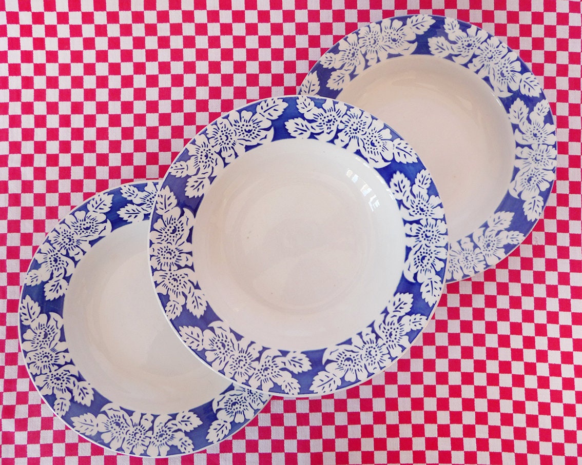 3 Assiettes Vintage Deep, à Soupe en Céramique Vintage, Digoin Aout Bleu Cobalt Floral, Faïence Fran