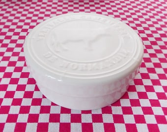 White Glazed Earthenware Brie Baker: Cow Lid, Retro Kitchen Dish