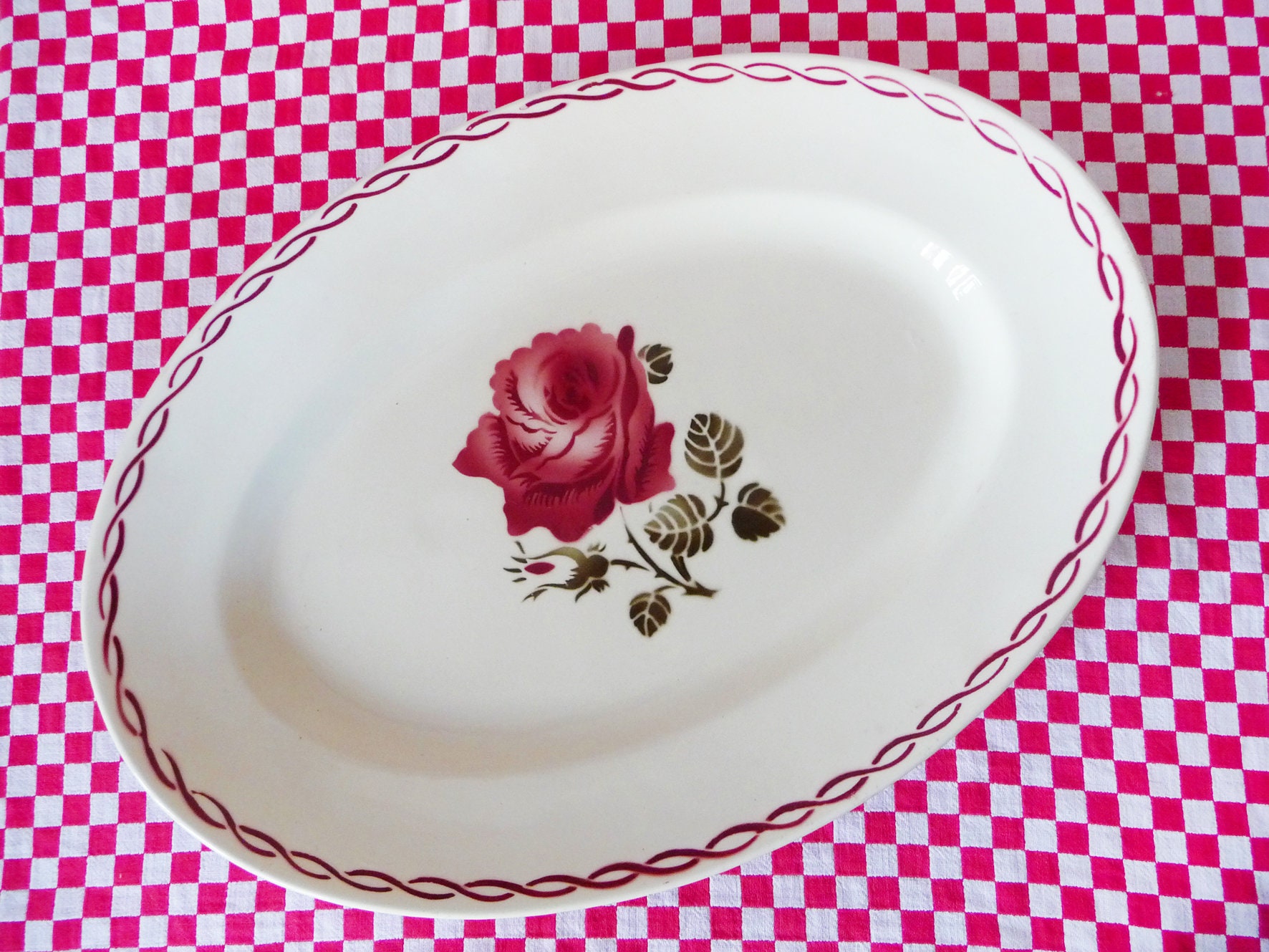 Extra Large Faïence Vintage Assiette de Service Badonviller, Modèle Germaine, Français Roses Rouges 