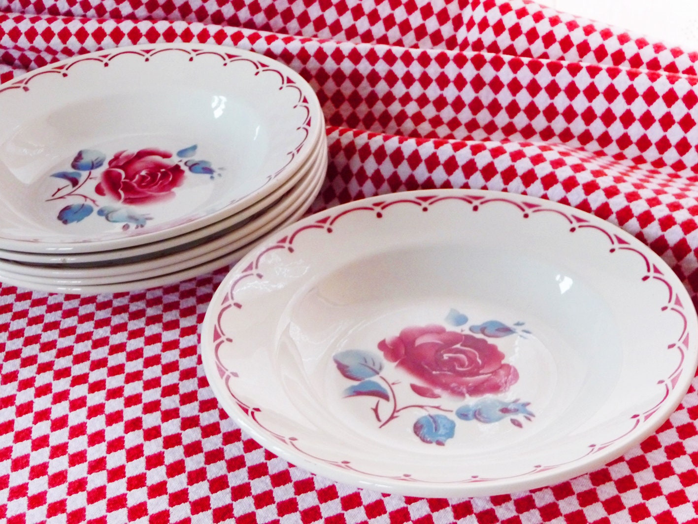 6 Assiettes Badonviller Deep Rares, Assiettes à Soupe, Faïence Beige avec Français Roses Rouges et U