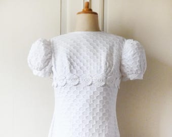 Vintage 60s Petite Wedding Gown: White Cotton Floral Empire Waist