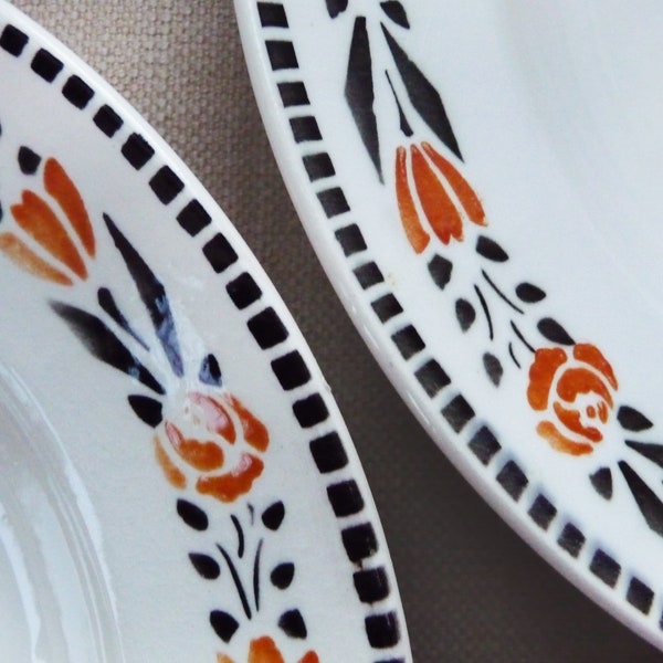 3 Badonviller DEEP plates, Orange and Black Floral stenciled pattern, French vintage earthenware, Digoin like,