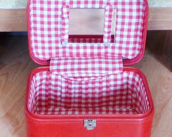 Rare FrenchTrain Case RED, mallette de train vintage, étui en simili cuir, rangement pour maquillage, rangement pour travaux manuels