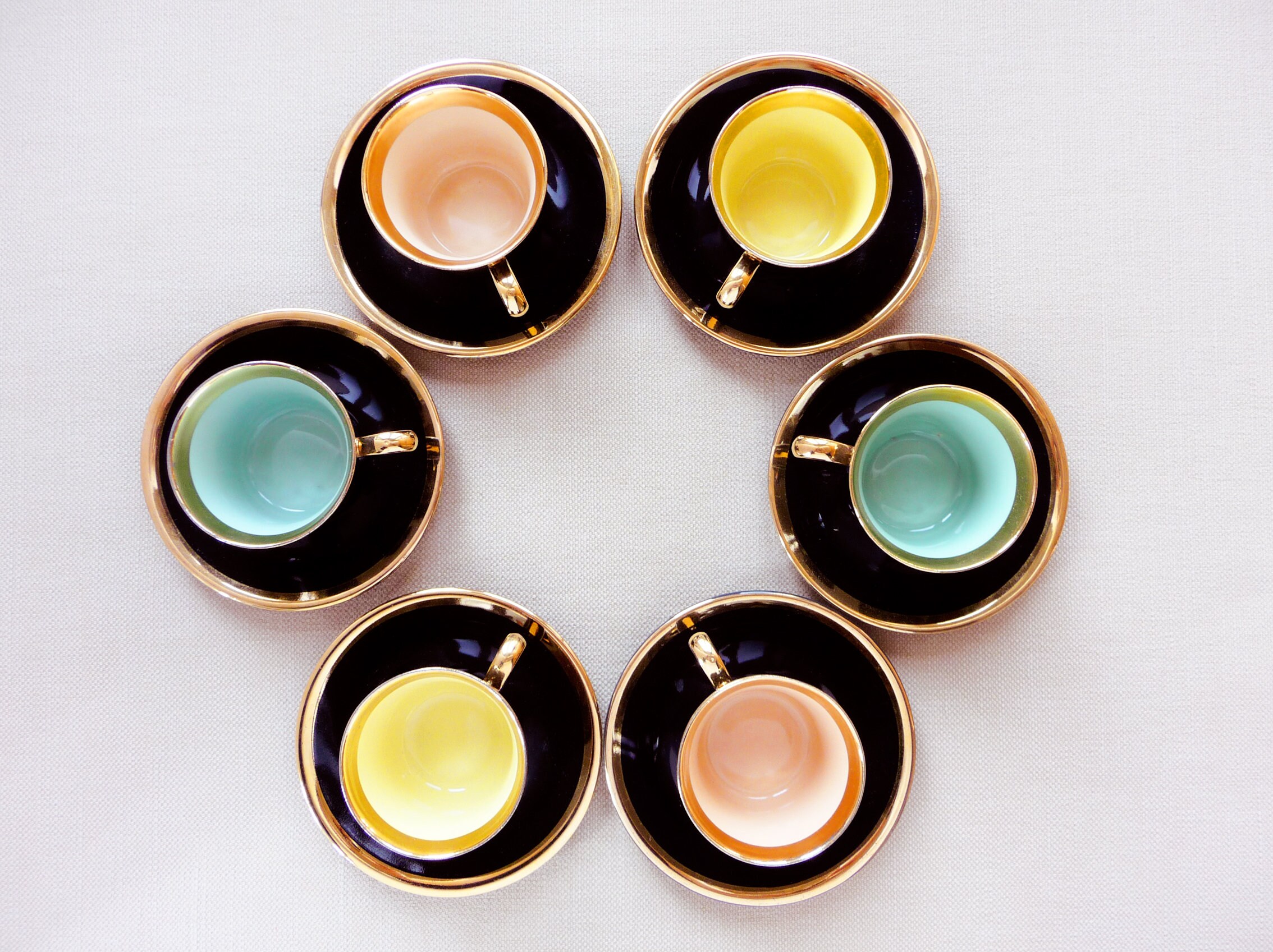 Ensemble Complet Salins Vintage, 6 Tasses et Soucoupes, Arlequin, Jade, Jaune, Nuances Nues, Semi Po