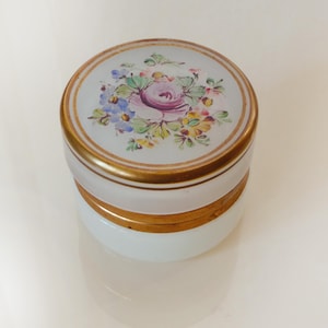 Translucent White Opaline Trinket Box, Hand Painted Pink Roses, Fratelli Ferro Glass