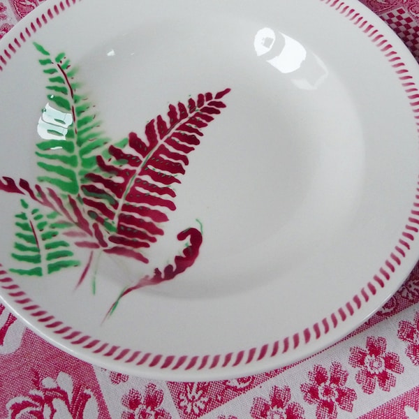 4 DIGOIN soup plates, Digoin deep plates, Red Digoin pasta plates, Sarreguemines plate, Ruby red and Green FERN leaves, French Country House