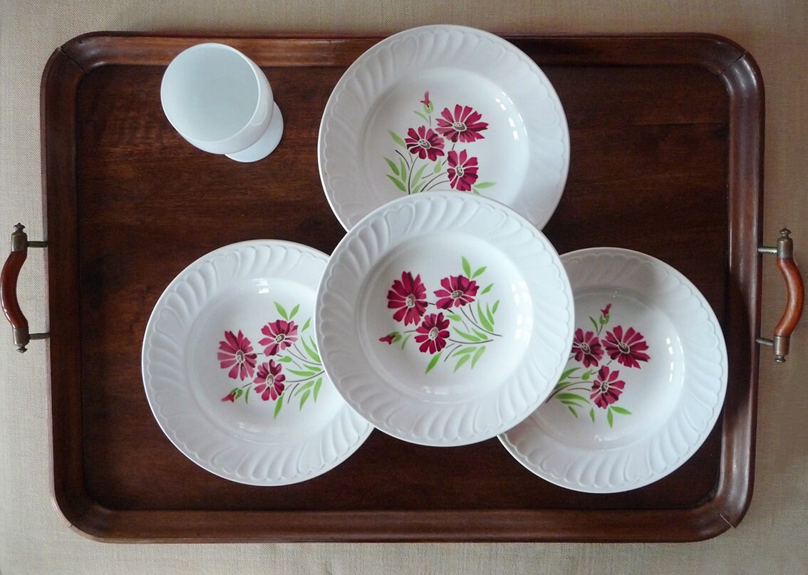 4 Assiettes Badonviller, Assiettes Deep, à Soupe, Motif Floral Rose, en Faïence Badonviller Faites L