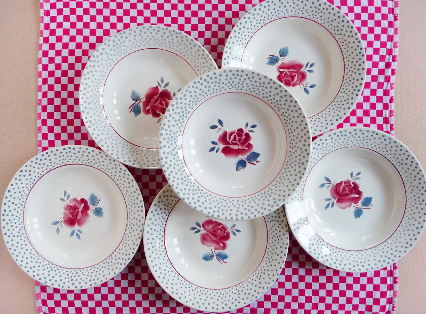 6 Magnifiques Assiettes Deep, René Digoin, Design Rare, Roses Français, Pois Bleus, Trentaines, Char