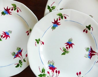 RARE 4 assiettes SOUPE, Sarreguemines BERMUDES, assiettes creuses, rose fuchsia, motif floral peint à la main, faïence française