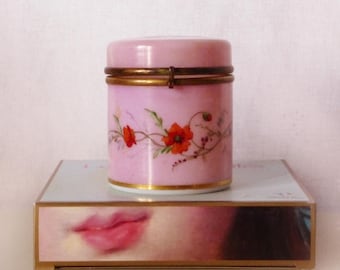 Victorian pink Opaline Trinket box, Hand painted flowers,