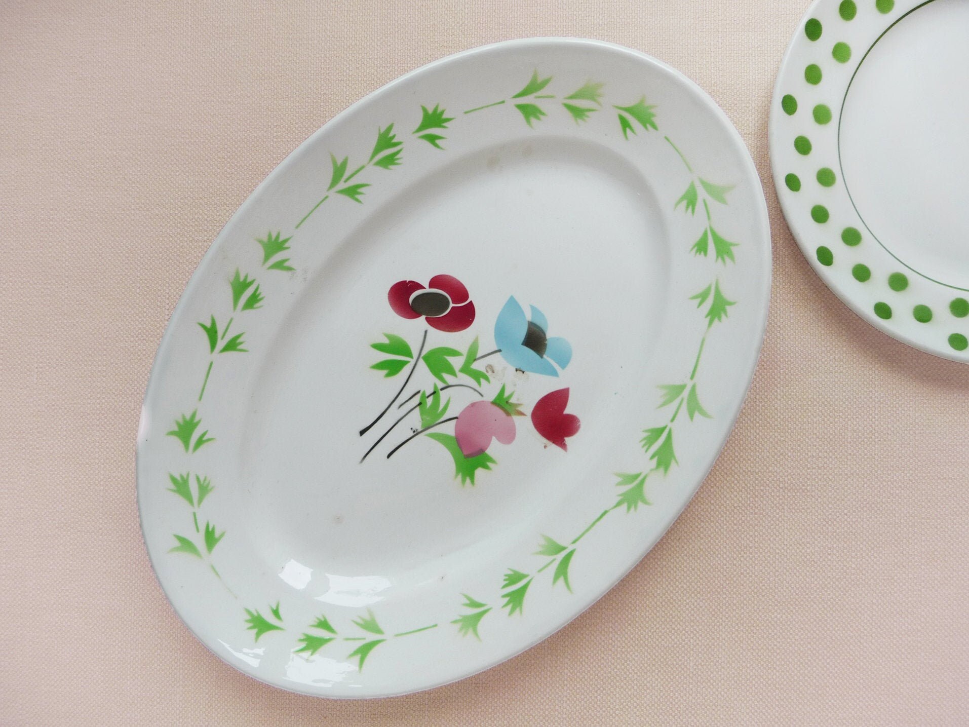 Un Beau Plat de Service Digoin, Plat Ovale, Poupette Digoin, Faïence Vintage Français, Rétro