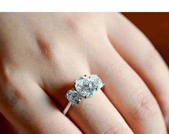 D/VVS Lab-Grown Oval Diamond Trilogy Engagement Ring: Platinum & 18K Gold