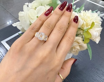 Lab Grown Emerald Cut Diamond Trillion Ring: Platinum Engagement Proposal