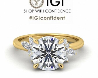 IGI Certified Lab Grown Round Diamond Engagement Ring – 18k Yellow Gold Cluster Solitaire