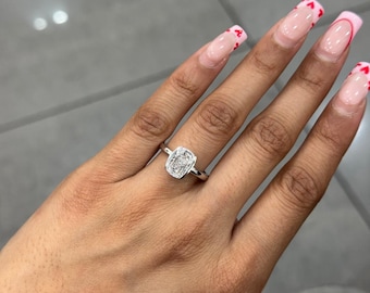 Lab Grown Elongated Cushion Diamond Solitaire Engagement Ring: Platinum Half Bezel Set