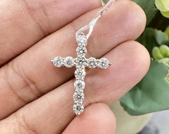Lab Round Diamond Claw Set Cross Pendant in 9k White Gold/UK Hallmarked