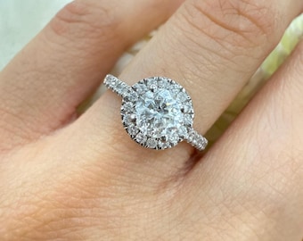 Natural 1.20Ct Round  Diamond Halo Engagement Ring in 18K White Gold