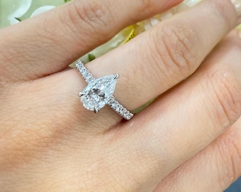 IGI Certified Lab Grown Pear with side Diamonds Hidden Halo Platinum Engagement Ring