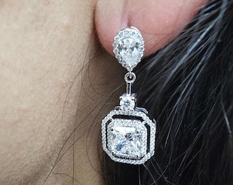 IGI Certified Lab Grown Diamond Dangle Earrings: 4.42ct Square Radiant & Pear, 18K White