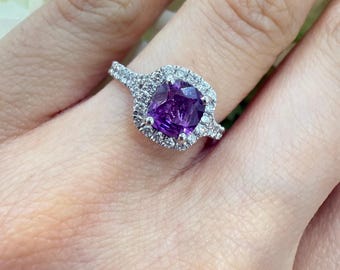 Natural 2Ct Purple Cushion Sapphire & Diamond split shank Engagement Ring in Platinum
