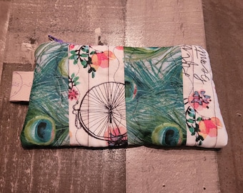 Maker's Leftovers Bag - Peacock feather print and floral bicycle print, zippered pouch