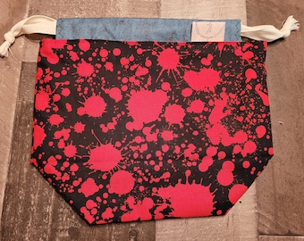 Mini Maker Bag - Black with red splatter print, drawstring bag, project bag