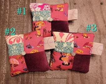 Maker Pincushion - Mushroom print and purple velveteen with scissor pocket, includes 4 hat pins