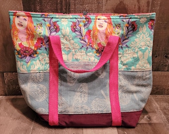 Mega Maker Tote - Alice in Wonderland print with mixed fabrics, quilted body