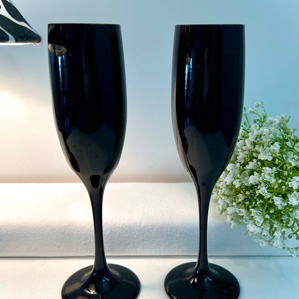 Champagne Flutes Libbey Opaque Black and Sleek Vintage set of 2 Celebrate Toast Gift