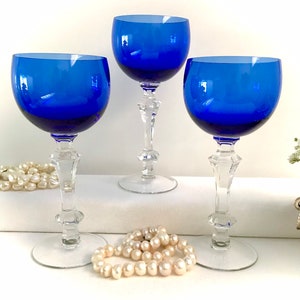 Crystal Wine Glasses Cobalt Blue Vintage Set of 3 Crystal Wine Glasses Gorgeous Set of Stemware Elaborate Sculpted Stems Perfect Gift