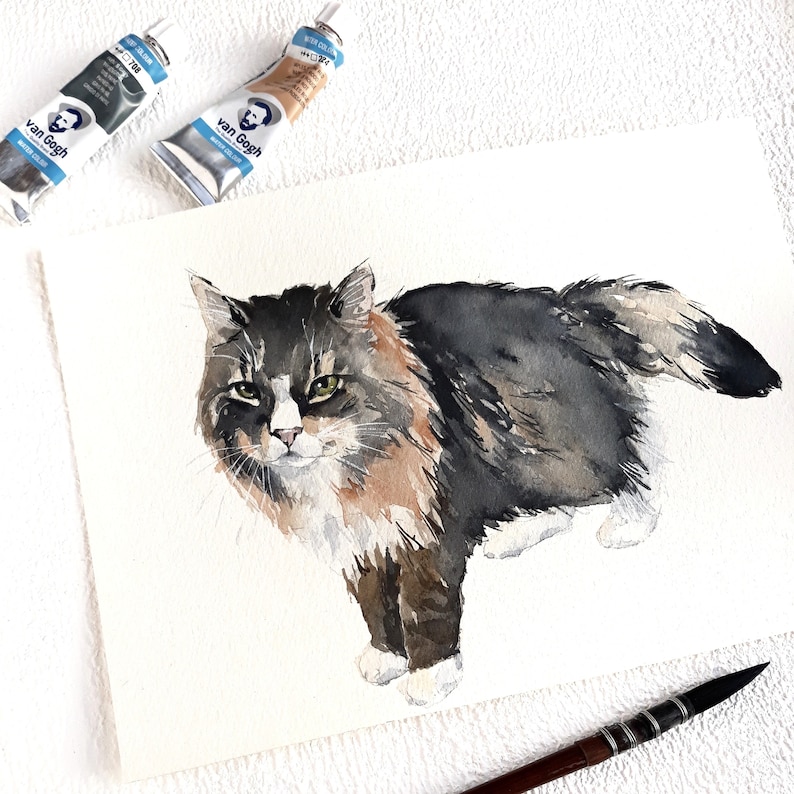 May include: Watercolour painting of a calico cat with black, white and orange fur. The cat is looking directly at the viewer with a serious expression. The painting is done on white paper.