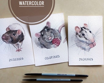 May include: Three watercolor paintings of rats, each with a different date. The first rat is black and white, the second is gray, and the third is white with black markings. Each rat is holding a small red object in its paws. The paintings are titled "Hand Painted Watercolor".