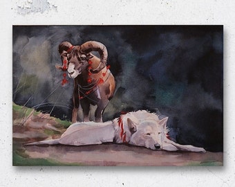Original fantasy watercolor painting, animal art, signed ready to hang, wolf sheep