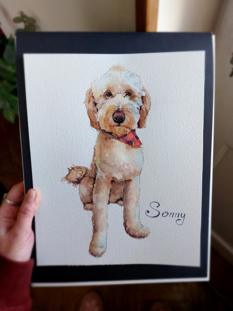 K&ouml;nnte beinhalten: Aquarellmalerei eines hellbraunen Hundes mit einem roten Halstuch. Der Hund sitzt und schaut den Betrachter an. Das Bild ist mit "Sonny" signiert.