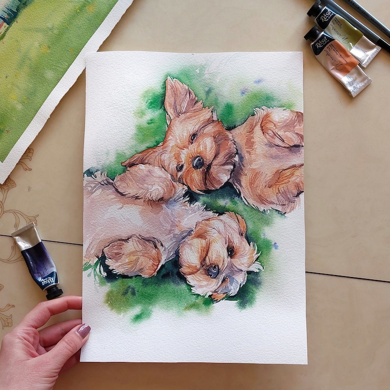K&ouml;nnte beinhalten: Aquarellmalerei von zwei braunen Yorkshire Terriern, einer liegt auf dem R&uuml;cken mit den Pfoten in der Luft und der andere liegt auf der Seite mit dem Kopf auf dem Boden. Die Hunde sind auf einem gr&uuml;nen Hintergrund mit wei&szlig;en Blumen gemalt.