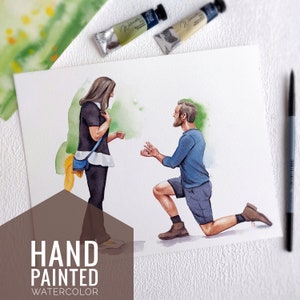 Custom engagement portrait, watercolor hand painted couple illustration from photo, personalized engagement or anniversary gift for couple