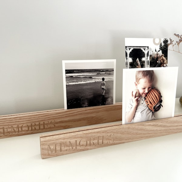 Engraved Minimalist Photo Display, Wooden Desk Picture Display Stand, Memories Picture Holder, White Oak Picture Ledge, Scandi Style Decor