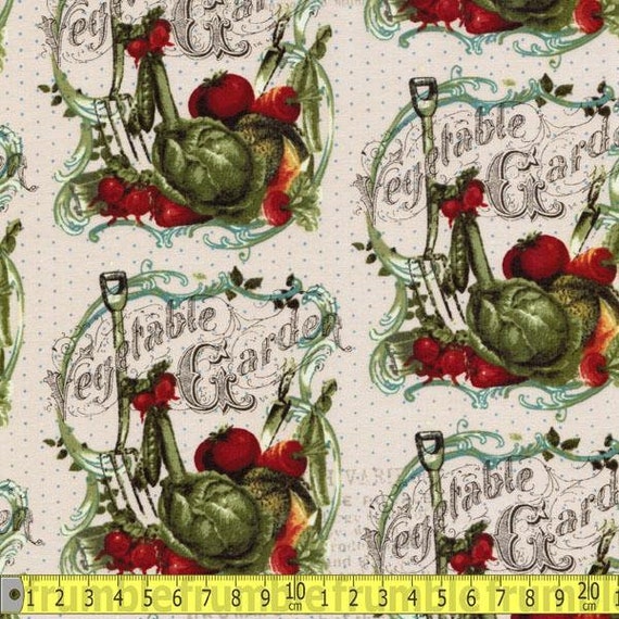 Clothworks Fabric Vintage Seedpackets Vegetable Garden Cream HALF METRE