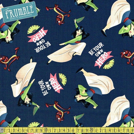Springs Creative Fabric Disney Mulan Be Your Own Hero Blue HALF METRE