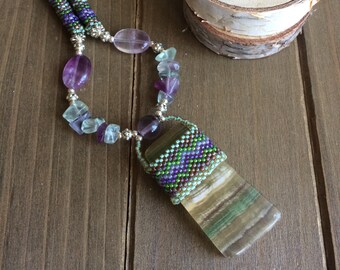 Fluorite rainbow necklace beaded peyote necklace amethyst quartz necklace pendant boho necklace native hippie silver unique jewelry women