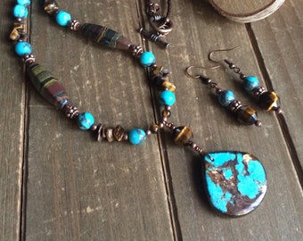 Blue necklace Bronzite set stone necklace earrings set Composite teardrop set handmade tiger eye set copper gift unique jewelry for women