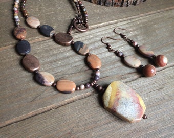 Stone jewelry set necklace earrings set fossil coral pendant set copper rhyolite set boho brown handmade gift unique jewelry for women 18