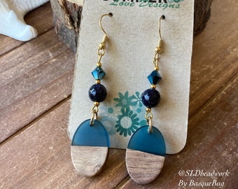 Resin earrings wood blue goldstone earrings natural stone handmade dangle boho earrings crystal oval unique gold jewelry earrings for women