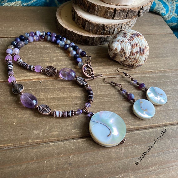 Shell necklace Nautilus set pendant necklace set beach rainbow necklace Amethyst earrings set puka copper surf gift unique jewelry for women