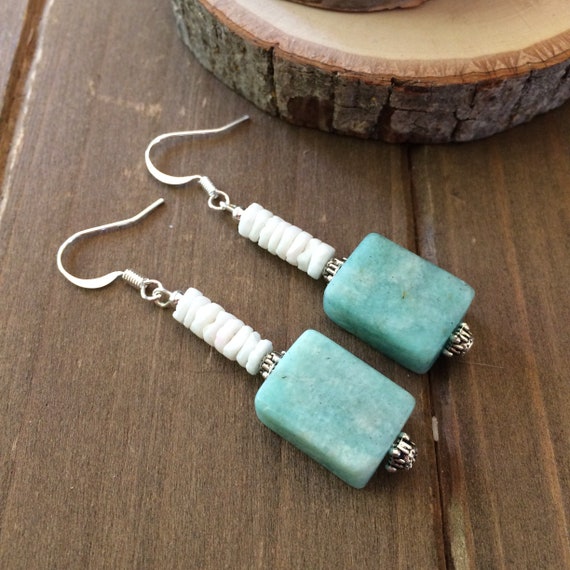 Puka shell earrings sea green blue amazonite natural stone errings dangle surfer earrings boho hippie tribal native SLD unique jewelry women