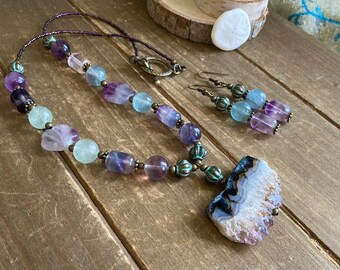 Amethyst necklace set stalactite pendant raw rough purple fluorite earrings set natural stone boho hippie bronze unique jewelry for women 19